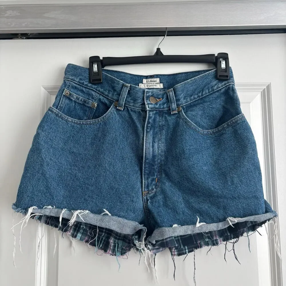 VTG L.L. Bean Flannel Lined Denim Cutoff Shorts Women’s 10 MT Plaid Boho Raw Hem